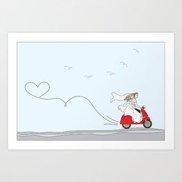 Wedding illustration - bride and groom on a red scooter Art Print