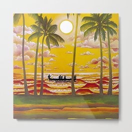 Surf Hawaii, Outrigger, Fly Hawaiian Air Vintage Travel Poster Metal Print | Molokai, Hawaii, Hawaiian, Honolulu, Hawaiianair, Lanai, Maui, Kauai, Surfers, Graphicdesign 