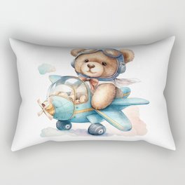 Teddy Bear in Airplane Blue Watercolor Print Rectangular Pillow