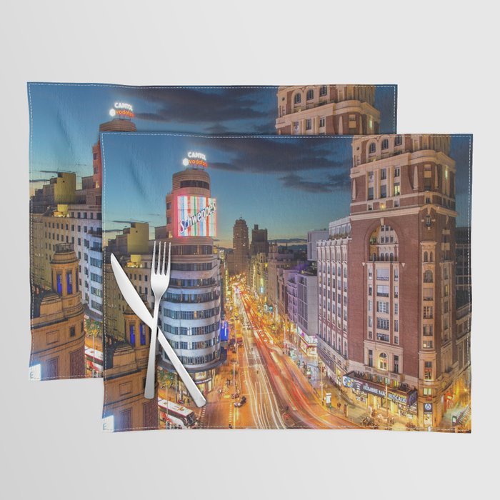 Spain Photography - Downtown Madrid Lit Up In The Night Placemat