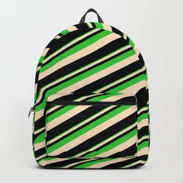 [ Thumbnail: Lime Green, Bisque & Black Colored Lines Pattern Backpack ]