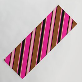 [ Thumbnail: Brown, Light Pink, Deep Pink & Black Colored Stripes/Lines Pattern Yoga Mat ]
