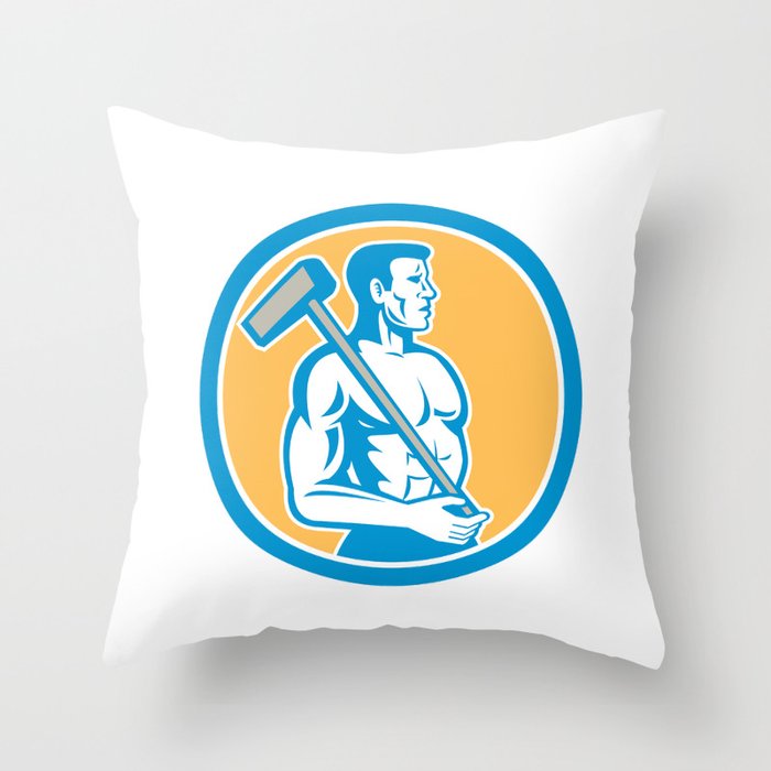 Union Worker With Sledgehammer Circle Retro Throw Pillow