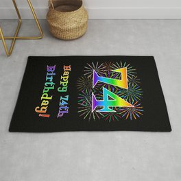 [ Thumbnail: 74th Birthday - Fun Rainbow Spectrum Gradient Pattern Text, Bursting Fireworks Inspired Background Rug ]