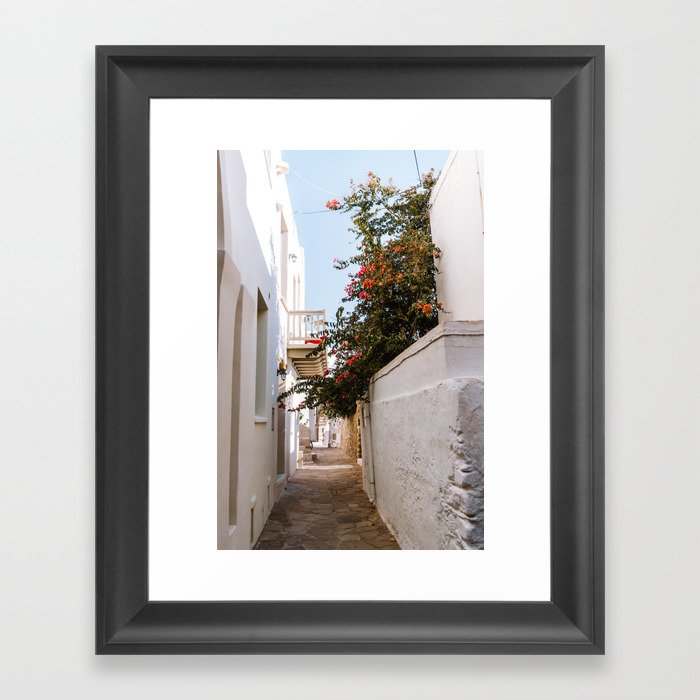 Small Greek Street | Flower Filled Mediterranean Ally | Travel Photography on the Islands of Greece Framed Art Print