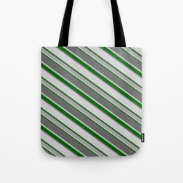 [ Thumbnail: Dim Grey, Dark Grey, Light Gray, and Dark Green Colored Stripes/Lines Pattern Tote Bag ]