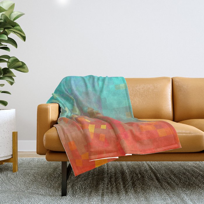 geometric pixel square pattern abstract background in blue orange Throw Blanket