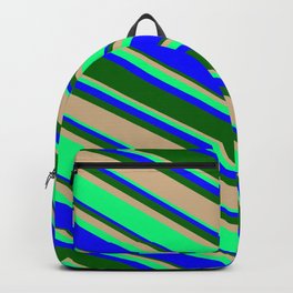 [ Thumbnail: Tan, Green, Blue, and Dark Green Colored Lines/Stripes Pattern Backpack ]