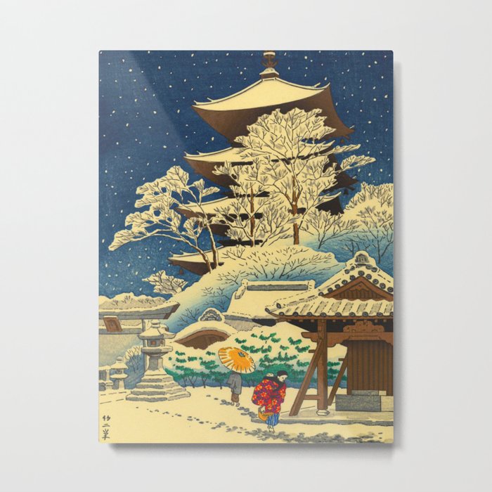 Japanese Woodblock Print Vintage Asian Art Colorful woodblock prints Shrine At Night Snow White Metal Print