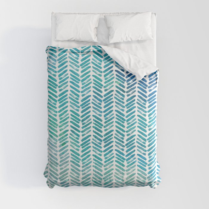 Handpainted Herringbone Chevron pattern - small - teal watercolor on white Comforter