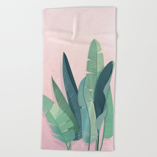 Tropical plants on pink background Beach Towel