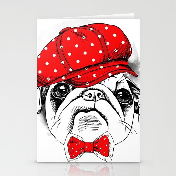 Portrait Dog Pug Red Cap Tie Stationery Cards