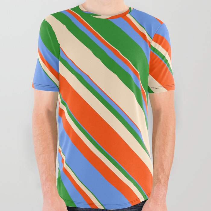 Bisque, Red, Cornflower Blue & Forest Green Colored Stripes/Lines Pattern All Over Graphic Tee