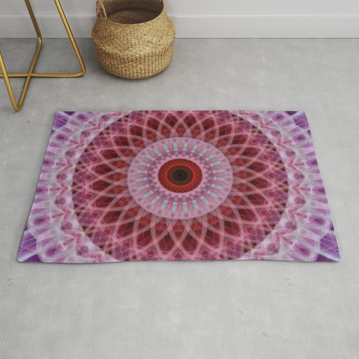 Red and violet mandala with floral ornament Rug