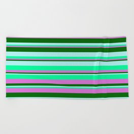 [ Thumbnail: Turquoise, Green, Orchid & Dark Green Colored Striped/Lined Pattern Beach Towel ]