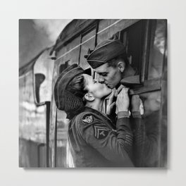 The Kiss - The Last Goodbye - Lovers kissing goodbye through open window on train black and white photograph Metal Print | Goodbye, Train, Navy, Marines, Photo, Kissing, Lovers, Trains, Throughwindow, Army 