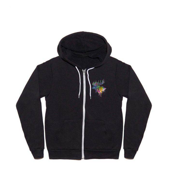 Moose Head Watercolor Silhouette Full Zip Hoodie by MarianVoicu
