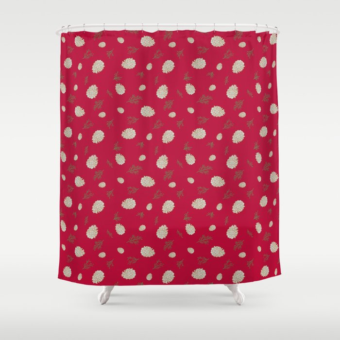 Pinecones in Silver & Gold on Red Shower Curtain