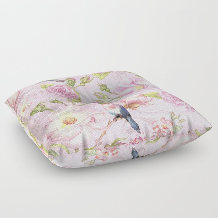 Floral painterly background in pink with Roses Flowers and Birds Floor Pillow