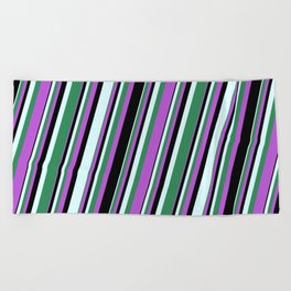 [ Thumbnail: Orchid, Black, Light Cyan, and Sea Green Colored Lined/Striped Pattern Beach Towel ]