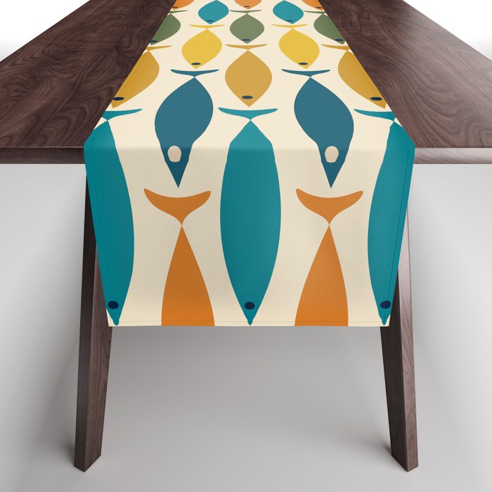 Mid-Century Modern Fish Stripes in Moroccan Teal, Green, Orange, Mustard, and Cream Table Runner
