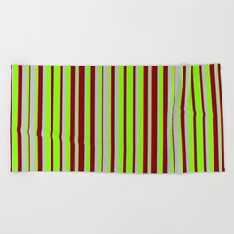 [ Thumbnail: Grey, Chartreuse, and Maroon Colored Striped Pattern Beach Towel ]