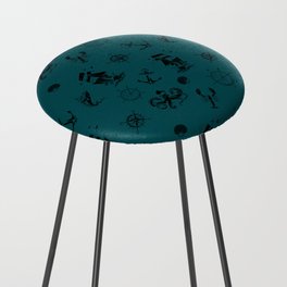 Teal Blue And Black Silhouettes Of Vintage Nautical Pattern Counter Stool