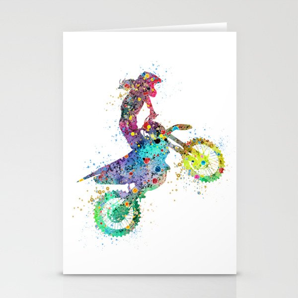 Girl Motocross Colorful Watercolor Moto Bike Supercross Art Stationery Cards