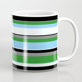[ Thumbnail: Gray, Forest Green, Light Sky Blue, Mint Cream & Black Colored Lines/Stripes Pattern Coffee Mug ]