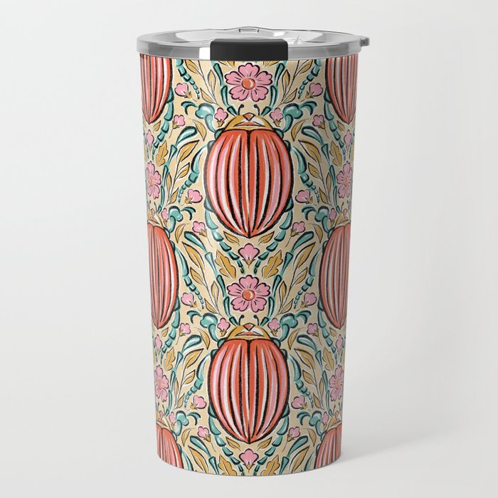 Retro Floral Beetle - pink red gold and teal Travel Mug