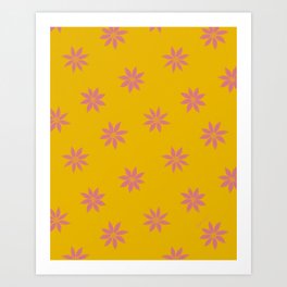 Retro Pink Blush Flowers on Mustard Honey Yellow, Vintage Mid Century Flower Power 50s 60s 70s Pattern  Art Print