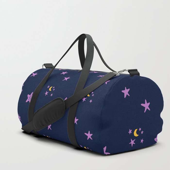 Purple plum violet stars and yellow moon by dark blue night Duffle Bag