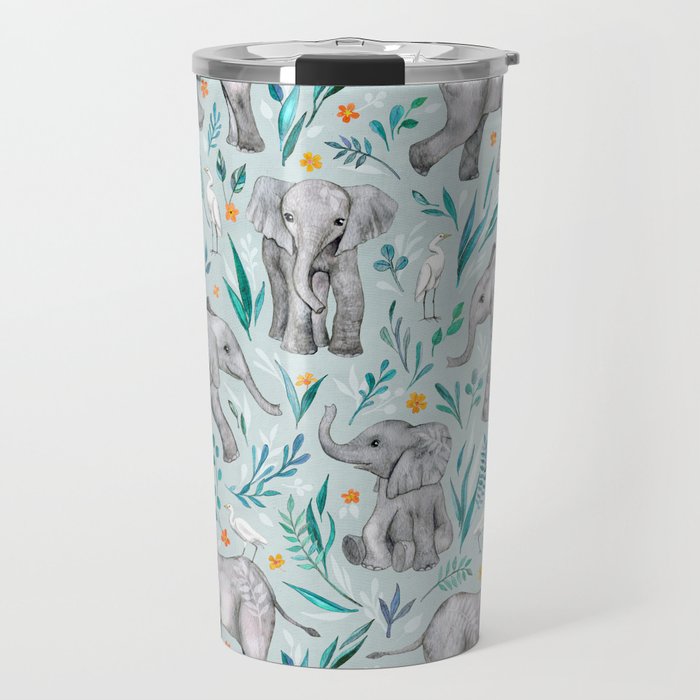 Baby Elephants and Egrets in Watercolor - egg shell blue Travel Mug