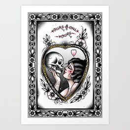 Yours and Only Yours Skull and Lady Lovers Cute Traditional Tattoo Flash Style Print by Ella Mobbs Creep Heart Art Print