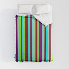 [ Thumbnail: Cyan, Powder Blue, Chartreuse, Purple & Dark Red Colored Lines/Stripes Pattern Duvet Cover ]