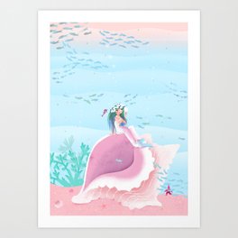 Mermaid admiring herself in a mirror children’s illustration Art Print