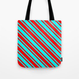 [ Thumbnail: Aqua and Red Colored Lined Pattern Tote Bag ]