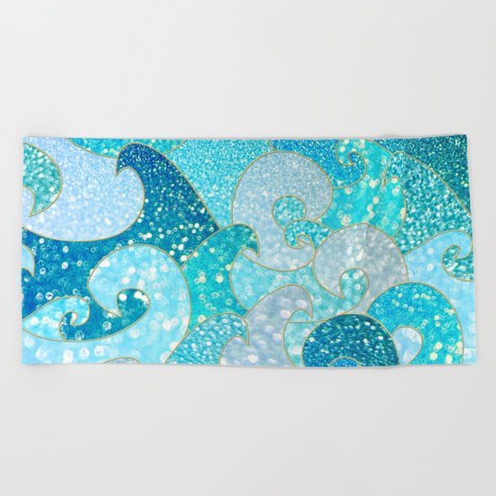 Mermaid Waves and Sea Faux Glitter, Sun Light over the Ocean 1 Beach Towel