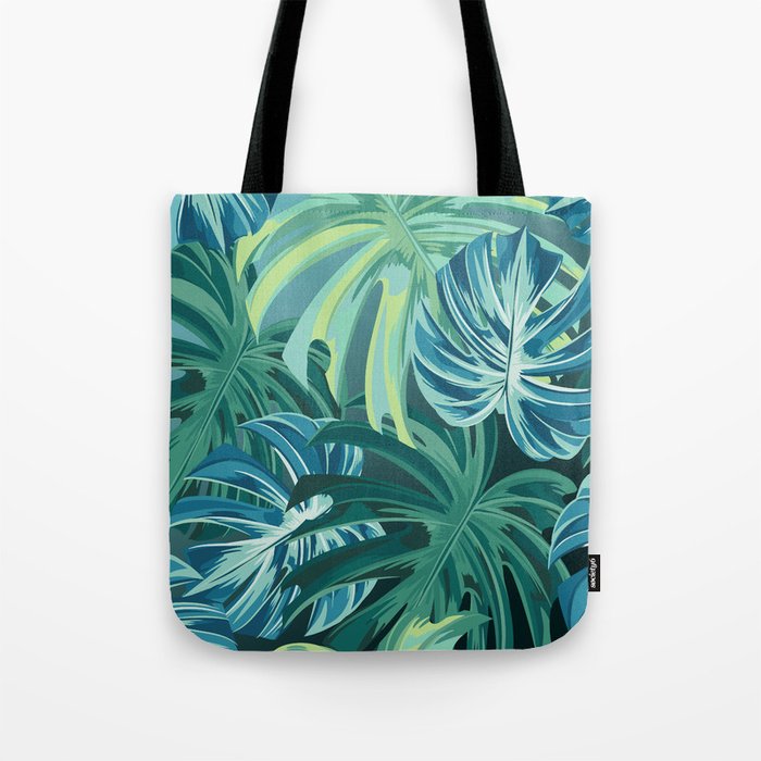 Tropical Monstera Palm Leaves on Teal Tote Bag