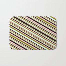 [ Thumbnail: Green, Light Cyan, Tan, Black, and Pink Colored Stripes Pattern Bath Mat ]