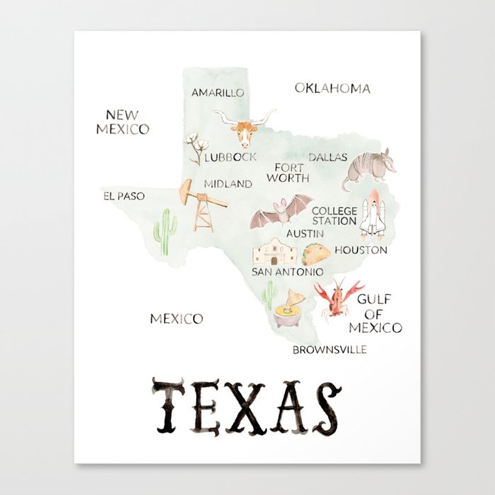Watercolor Texas Map Canvas Print