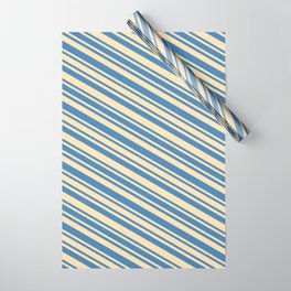 [ Thumbnail: Blue and Beige Colored Stripes/Lines Pattern Wrapping Paper ]