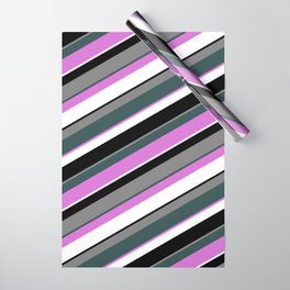 [ Thumbnail: Eye-catching Grey, Dark Slate Gray, Orchid, White, and Black Colored Stripes Pattern Wrapping Paper ]
