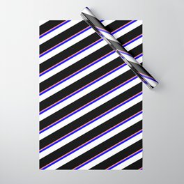 [ Thumbnail: Light Coral, Blue, White & Black Colored Striped Pattern Wrapping Paper ]