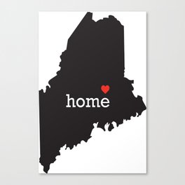 Maine home state - black state map with Home written in white serif text with a red heart. Canvas Print
