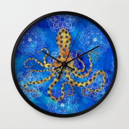 Watercolor Blue Ringed Octopus Mandalas Pattern Wall Clock
