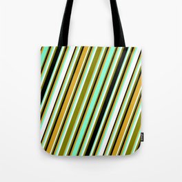 [ Thumbnail: Aquamarine, White, Green, Black, and Goldenrod Colored Pattern of Stripes Tote Bag ]