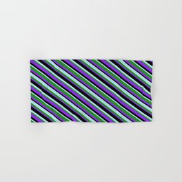 [ Thumbnail: Powder Blue, Forest Green, Purple & Black Colored Stripes/Lines Pattern Hand & Bath Towel ]