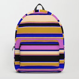 [ Thumbnail: Colorful Blue, Bisque, Goldenrod, Orchid, and Black Colored Stripes Pattern Backpack ]