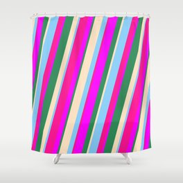 [ Thumbnail: Vibrant Light Sky Blue, Deep Pink, Fuchsia, Sea Green, and Bisque Colored Stripes/Lines Pattern Shower Curtain ]